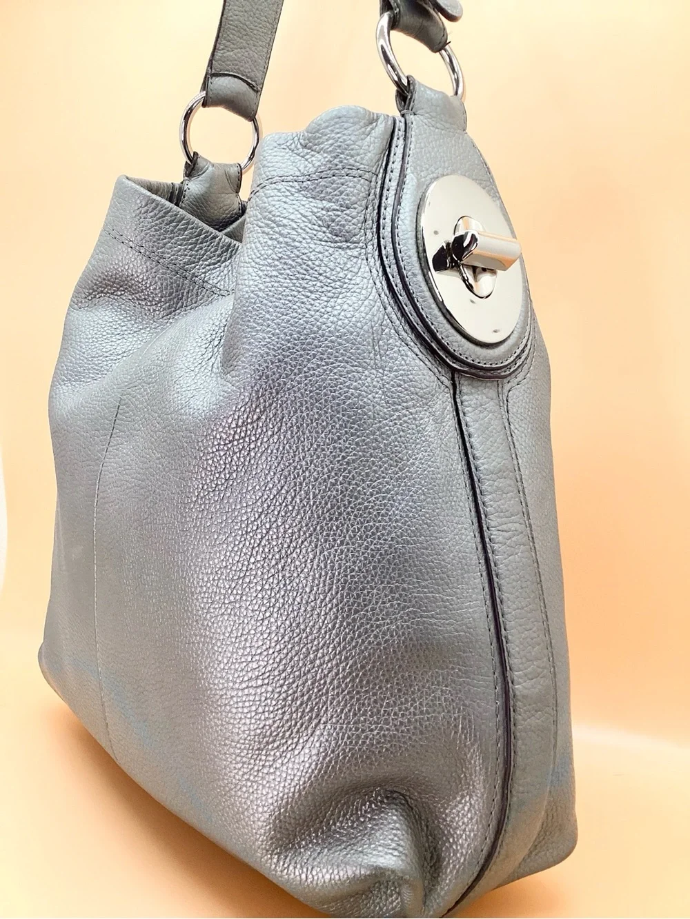 Coach Gray Pebbled Leather Hobo Bag with Silver Hardware